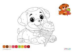 Color-by-number worksheet of a puppy with ice cream – free download for kids to color puppy fur, cone, flowers, and sunny scene.
