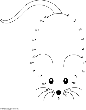 Connect-the-dots illustration depicting a small rat with a long, curved tail and pointed nose, designed for children to color.