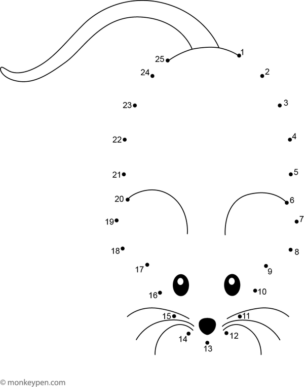 Connect-the-dots illustration depicting a small rat with a long, curved tail and pointed nose, designed for children to color.