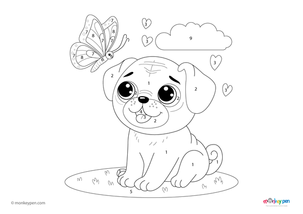 Color-by-number worksheet of a pug with a butterfly – free download for kids to color pug, wings, flowers, and garden scene.
