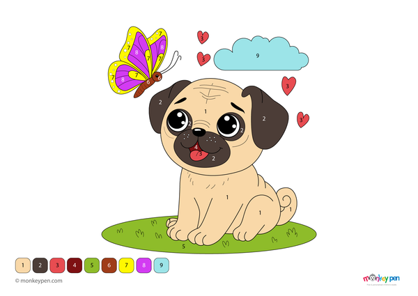 Color-by-number worksheet of a pug with a butterfly – free download for kids to color pug, wings, flowers, and garden scene.