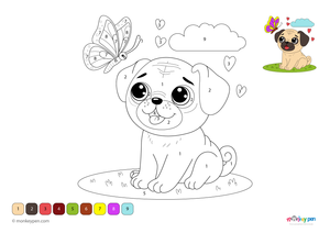Color-by-number worksheet of a pug with a butterfly – free download for kids to color pug, wings, flowers, and garden scene.