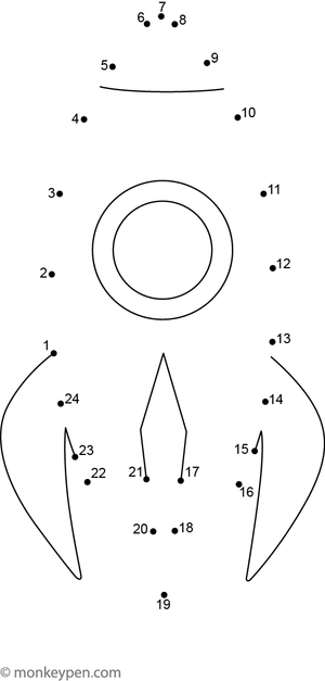 Dot-to-dot illustration of a rocket ship with fins and a pointed nose, surrounded by stars, ready for children to complete and color.