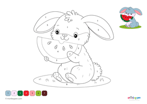 Color-by-number worksheet of a bunny with watermelon – free download for kids to color bunny fur, fruit, and leafy background.