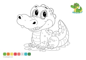 Downloadable crocodile color-by-number worksheet showing a friendly reptile with numbered sections on its scales, tail, and teeth—this free coloring page helps children build number skills while exploring a fun aquatic scene.