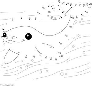 Printable dot-to-dot worksheet illustrating a cartoon Vaquita with a rounded body, ideal for children to connect dots and color.