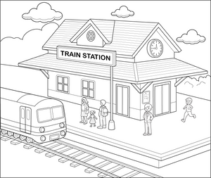 Train Station coloring page – transportation-themed printable for kids