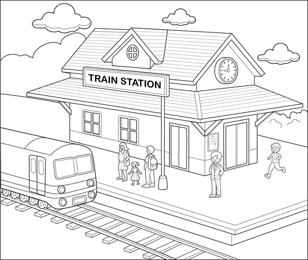 Train Station coloring page – transportation-themed printable for kids