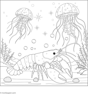 Lobster and Jellyfish Lantern Coloring Page – fun and educational printable for children