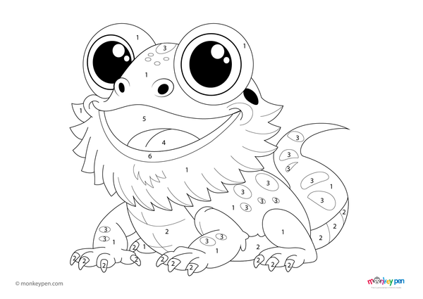 Color-by-number worksheet of a cartoon bearded dragon – free download for kids to color spiky body, beard, and tail.