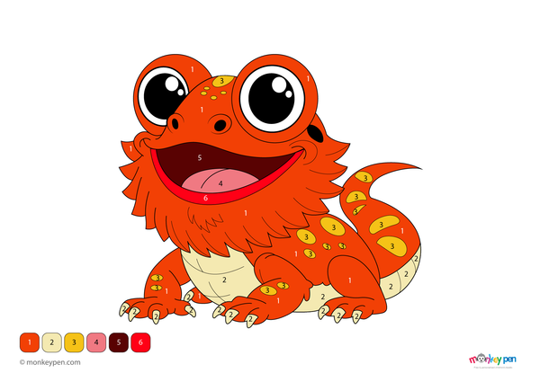 Color-by-number worksheet of a cartoon bearded dragon – free download for kids to color spiky body, beard, and tail.