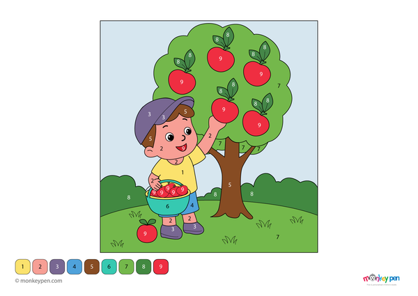 Color-by-number worksheet of a boy picking apples – fun fall scene for kids to download and color tree, apples, and orchard.
