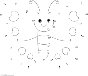 Connect-the-dots image of a butterfly with open wings and decorative patterns, for children to complete and color.