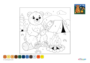 Color-by-number worksheet of a bear at a campfire – free download for kids to color bear, fire, and forest camping scene.