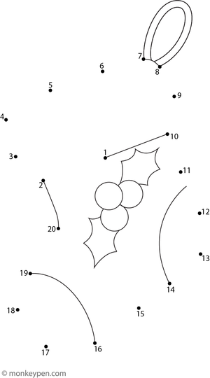 A Christmas stocking filled with treats designed as a connect-the-dots puzzle for children to complete and decorate.