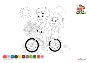 Color-by-number worksheet of a bicycle with flower basket – free download for kids to color bike, flowers, and spring scene.