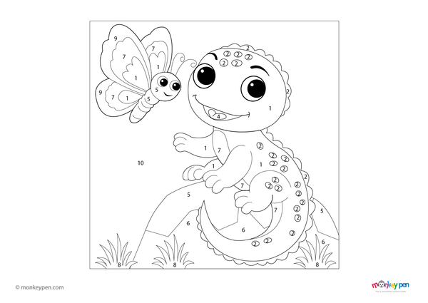 Color-by-number worksheet of a cartoon lizard – free download for kids to color lizard’s body, tail, and fun background.
