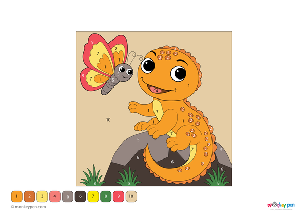 Color-by-number worksheet of a cartoon lizard – free download for kids to color lizard’s body, tail, and fun background.
