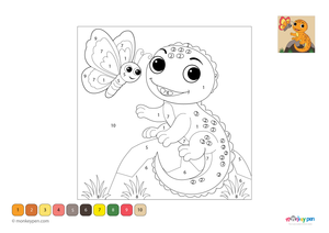 Color-by-number worksheet of a cartoon lizard – free download for kids to color lizard’s body, tail, and fun background.
