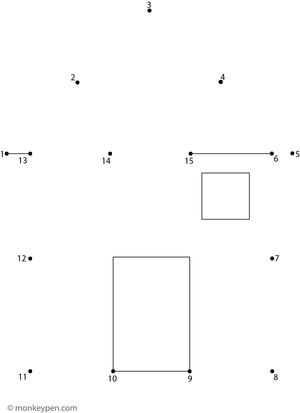A connect-the-dots drawing of a small house with windows and a roof for children to complete and color.