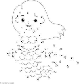 Children connect the dots to complete a mermaid with a flowing tail and wavy hair, suitable for ocean and fantasy themes.