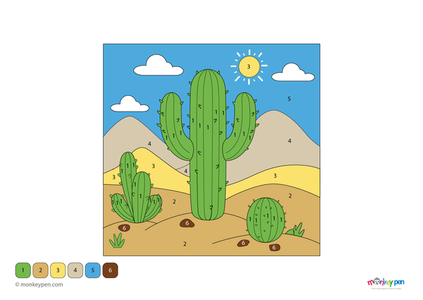 Color-by-number worksheet of a cactus plant – free download for kids to color green cactus, desert rocks, and sunny background.
