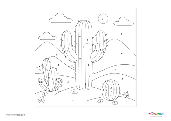 Color-by-number worksheet of a cactus plant – free download for kids to color green cactus, desert rocks, and sunny background.
