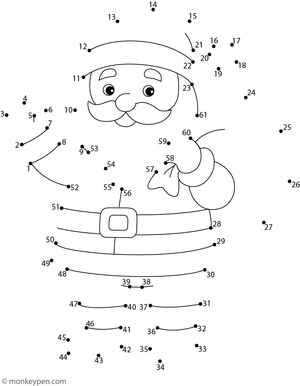 Connect-the-dots illustration of a smiling Santa Claus with a hat and beard for children to complete and decorate.