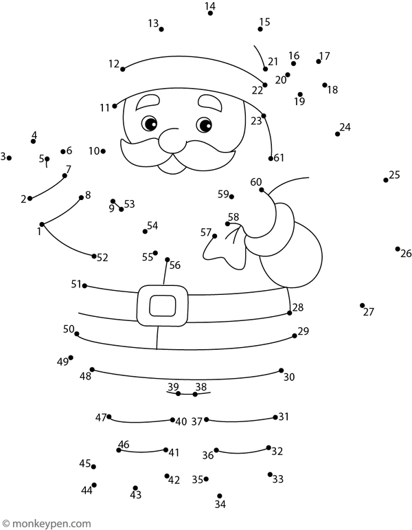 Connect-the-dots illustration of a smiling Santa Claus with a hat and beard for children to complete and decorate.