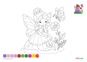 Color-by-number worksheet of a fairy and butterfly – free download for kids to color wings, flowers, and magical background.