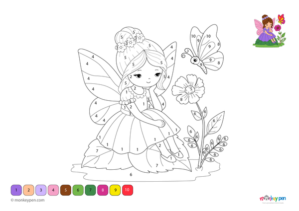 Color-by-number worksheet of a fairy and butterfly – free download for kids to color wings, flowers, and magical background.