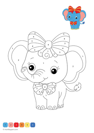 Free downloadable elephant color-by-number worksheet featuring a playful design with numbered ears, trunk, and bow—perfect for kids learning numbers and colors through a fun and friendly animal activity.