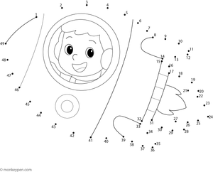 Dot-to-dot worksheet of a rocket ship with windows, designed for children to connect and color.