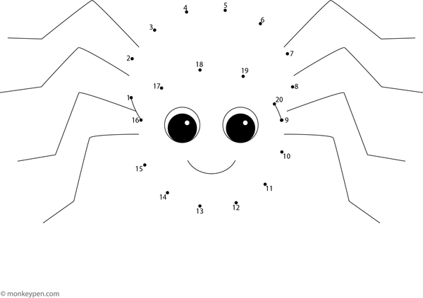 Connect-the-dots drawing of a friendly cartoon spider with eight legs and smiling eyes, ready to be colored.