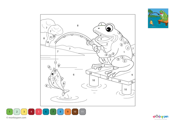 Color-by-number worksheet of a frog with a fishing rod – free download for kids to color frog, rod, and pond background.