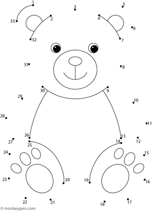 Children uncover a cute teddy bear with big ears and a bow by connecting numbered dots in this engaging worksheet.