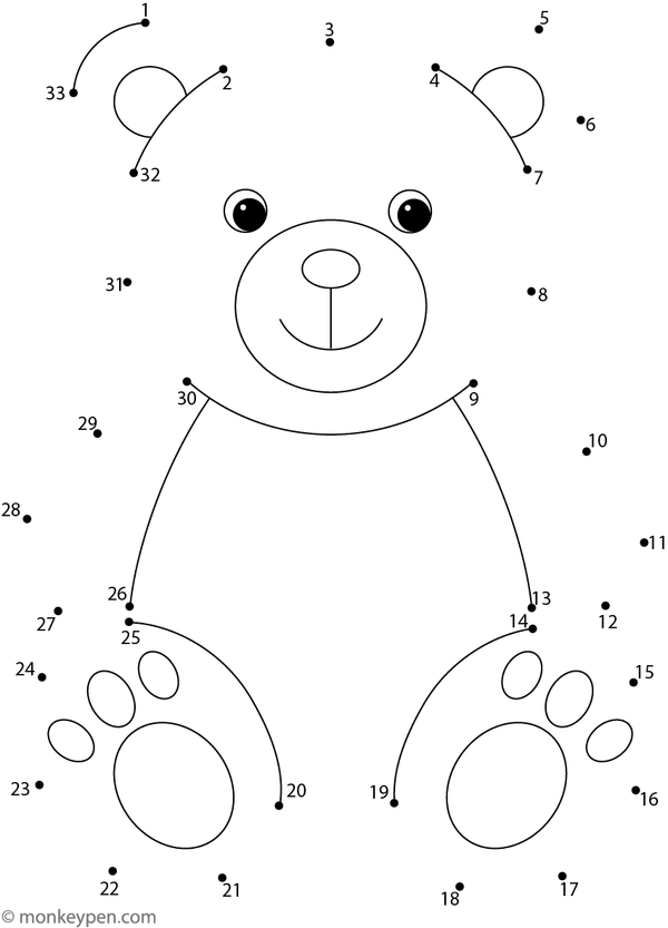 Children uncover a cute teddy bear with big ears and a bow by connecting numbered dots in this engaging worksheet.