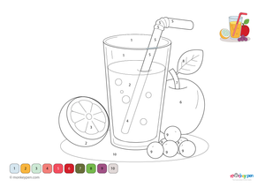 Color-by-number worksheet of a glass of juice – free download for kids to color fruit slices, juice, and table setting.