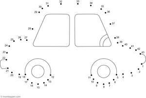 A happy cartoon car with big wheels and smiling headlights forms as children connect the dots in this vehicle-themed activity.