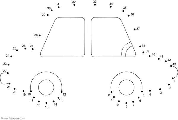 A happy cartoon car with big wheels and smiling headlights forms as children connect the dots in this vehicle-themed activity.