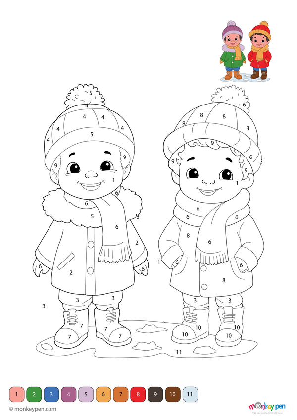 Color-by-number worksheet of kids in winter attire – free download for kids to color jackets, scarves, boots, and snowy scene.