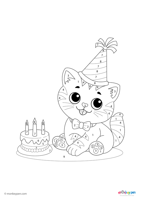 Color-by-number worksheet of a kitten and birthday scene – free download for kids to color fur, balloons, gifts, and cake.