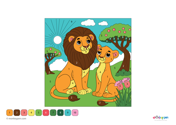 Color-by-number worksheet of a lion and lioness – free download for kids to color mane, coat, and safari grassland scene.