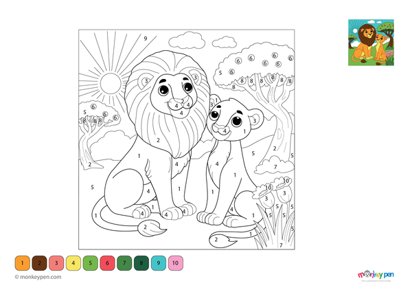 Color-by-number worksheet of a lion and lioness – free download for kids to color mane, coat, and safari grassland scene.