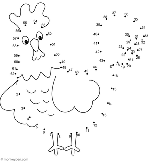A proud rooster with a feathered tail appears as children connect the numbered dots in this farm animal activity.