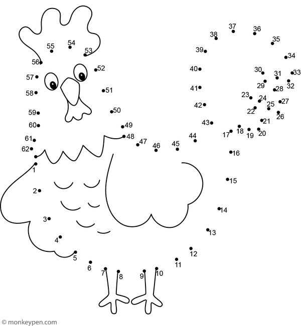 A proud rooster with a feathered tail appears as children connect the numbered dots in this farm animal activity.