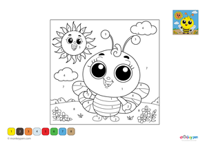 Color-by-number worksheet of a cartoon bee – free download for kids to color yellow stripes, wings, and surrounding flowers.