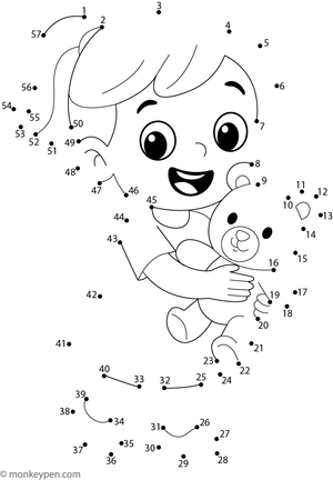 Dot-to-dot worksheet of a girl holding a teddy bear for children to connect and color