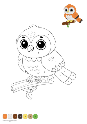 Downloadable color-by-number page featuring a cute falcon in flight with numbered feathers, beak, and wings—a free printable that helps kids practice number recognition while exploring birds of prey creatively.