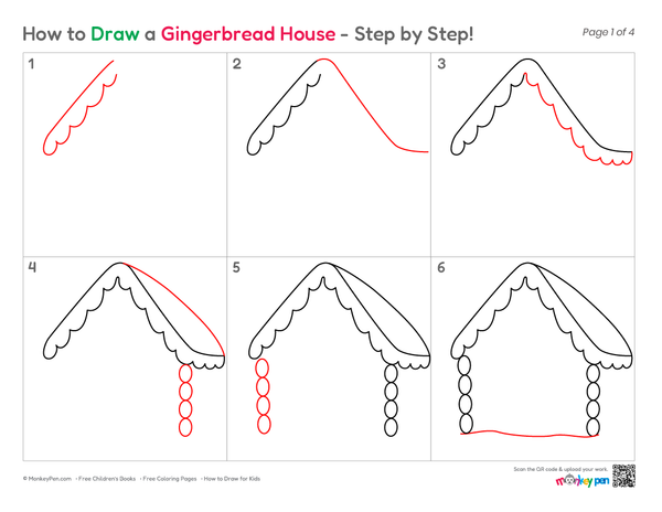 Young artist guide showing how to draw a gingerbread house easily.